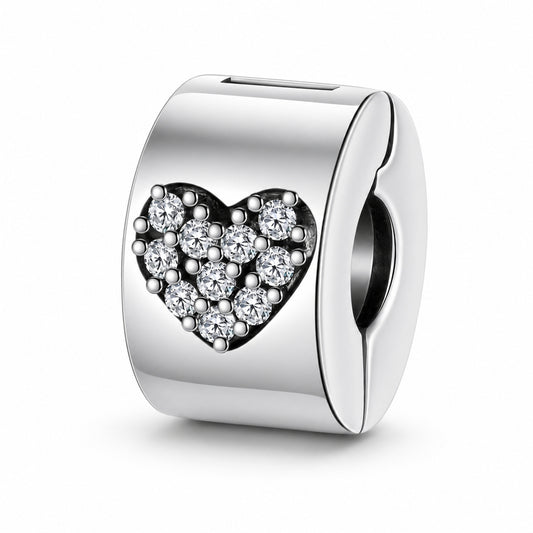 Sparkling Love Heart Clip Sterling Silver Charm Hallmarked S925 for Charm Bracelet and Necklace