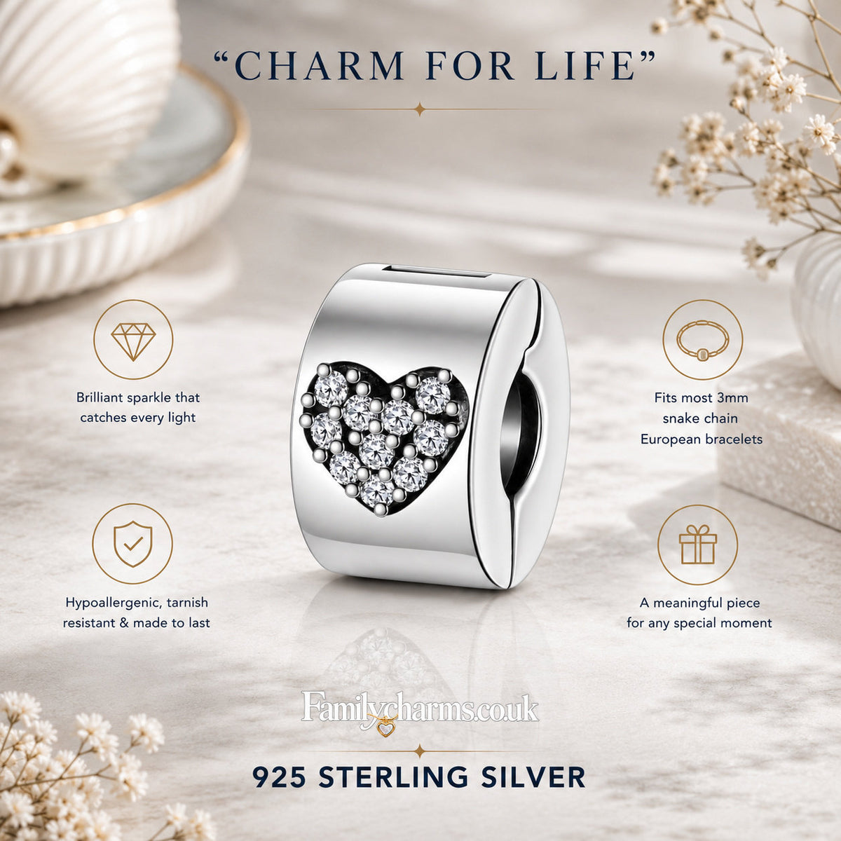 Sparkling Love Heart Clip Sterling Silver Charm Hallmarked S925 for Charm Bracelet and Necklace
