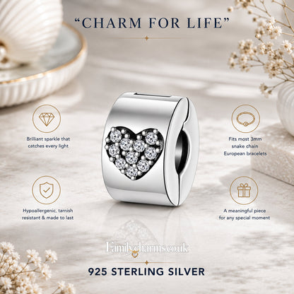 Sparkling Love Heart Clip Sterling Silver Charm Hallmarked S925 for Charm Bracelet and Necklace