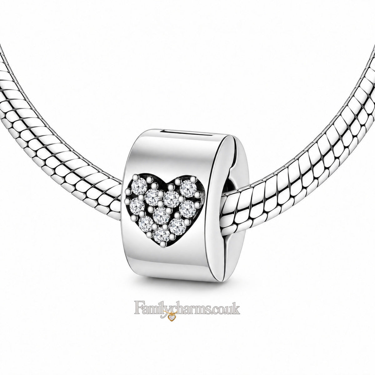 Sparkling Love Heart Clip Sterling Silver Charm Hallmarked S925 for Charm Bracelet and Necklace