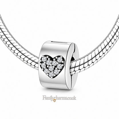 Sparkling Love Heart Clip Sterling Silver Charm Hallmarked S925 for Charm Bracelet and Necklace