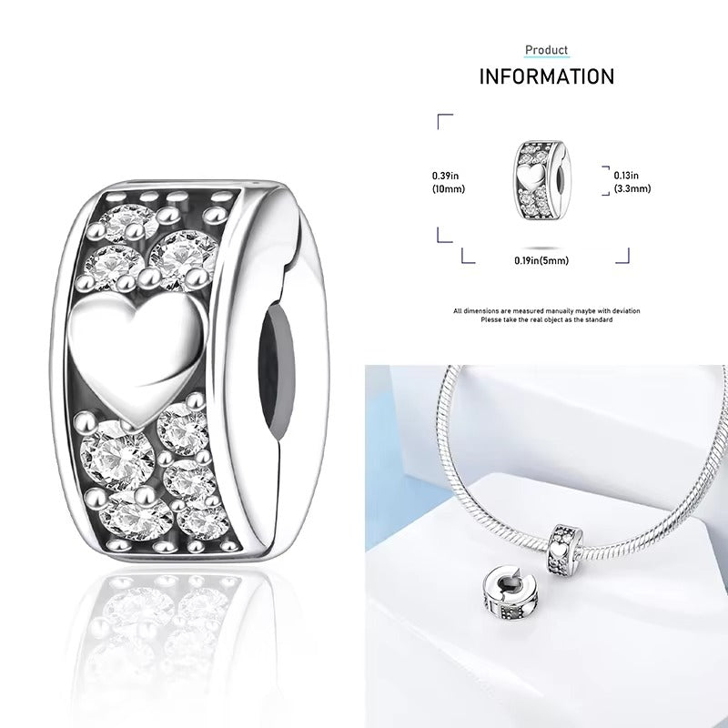 Heart Clip Stopper Charm Sterling Silver Charm Hallmarked S925 for Charm Bracelet and Necklace