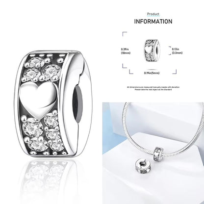 Heart Clip Stopper Charm Sterling Silver Charm Hallmarked S925 for Charm Bracelet and Necklace