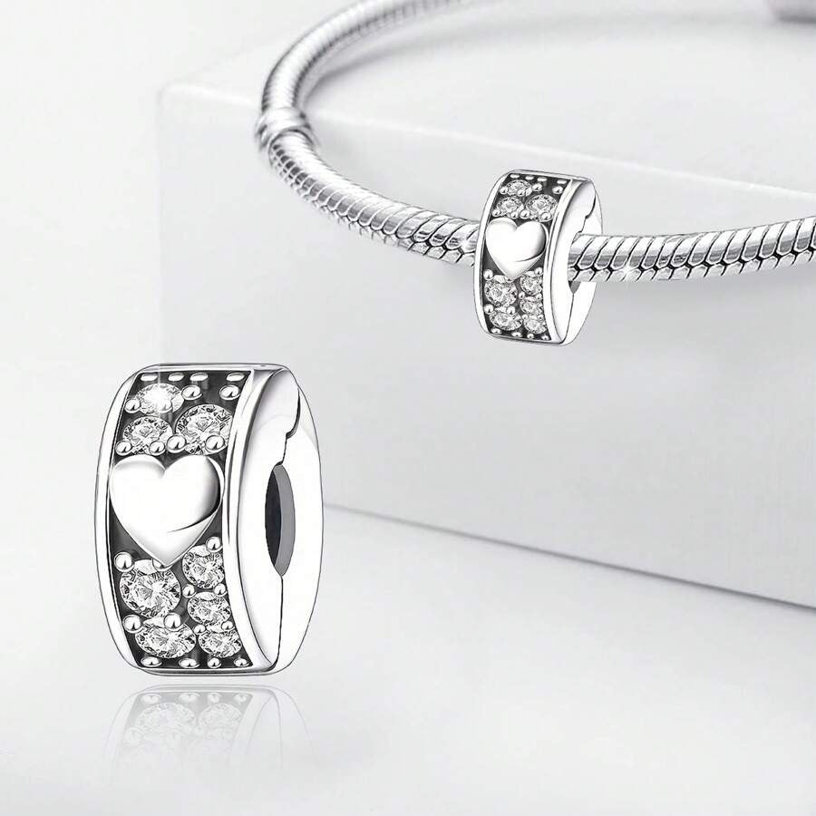 Heart Clip Stopper Charm Sterling Silver Charm Hallmarked S925 for Charm Bracelet and Necklace