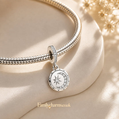Sparkling Moon Star Dangle Sterling Silver Charm Hallmarked S925 for Charm Bracelet and Necklace