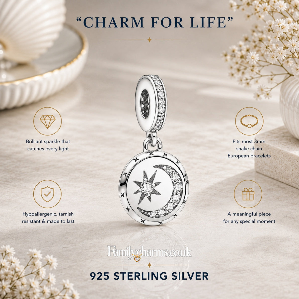 Sparkling Moon Star Dangle Sterling Silver Charm Hallmarked S925 for Charm Bracelet and Necklace
