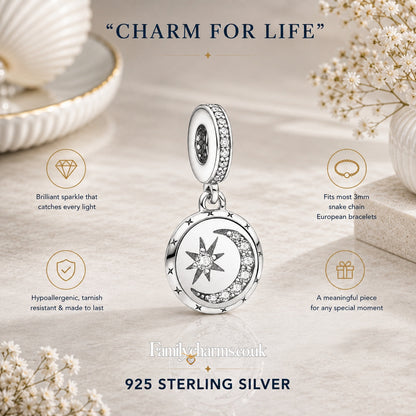 Sparkling Moon Star Dangle Sterling Silver Charm Hallmarked S925 for Charm Bracelet and Necklace