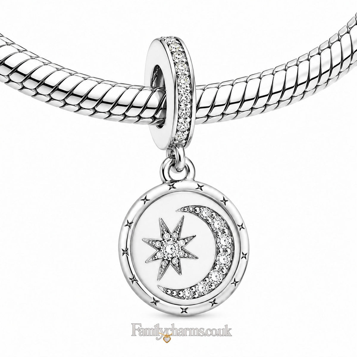 Sparkling Moon Star Dangle Sterling Silver Charm Hallmarked S925 for Charm Bracelet and Necklace