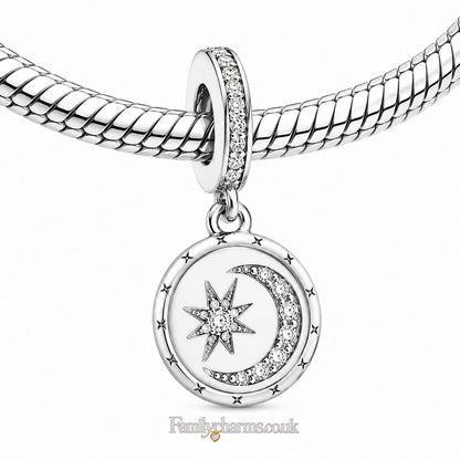 Sparkling Moon Star Dangle Sterling Silver Charm Hallmarked S925 for Charm Bracelet and Necklace