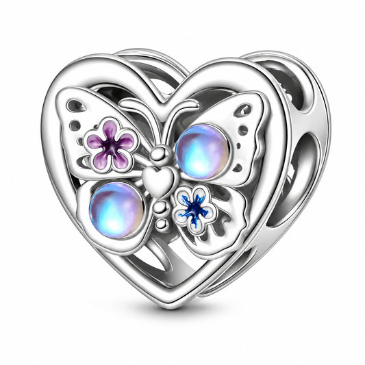Sparkling Moonstone Butterfly Heart Sterling Silver Charm Hallmarked S925 for Charm Bracelet and Necklace