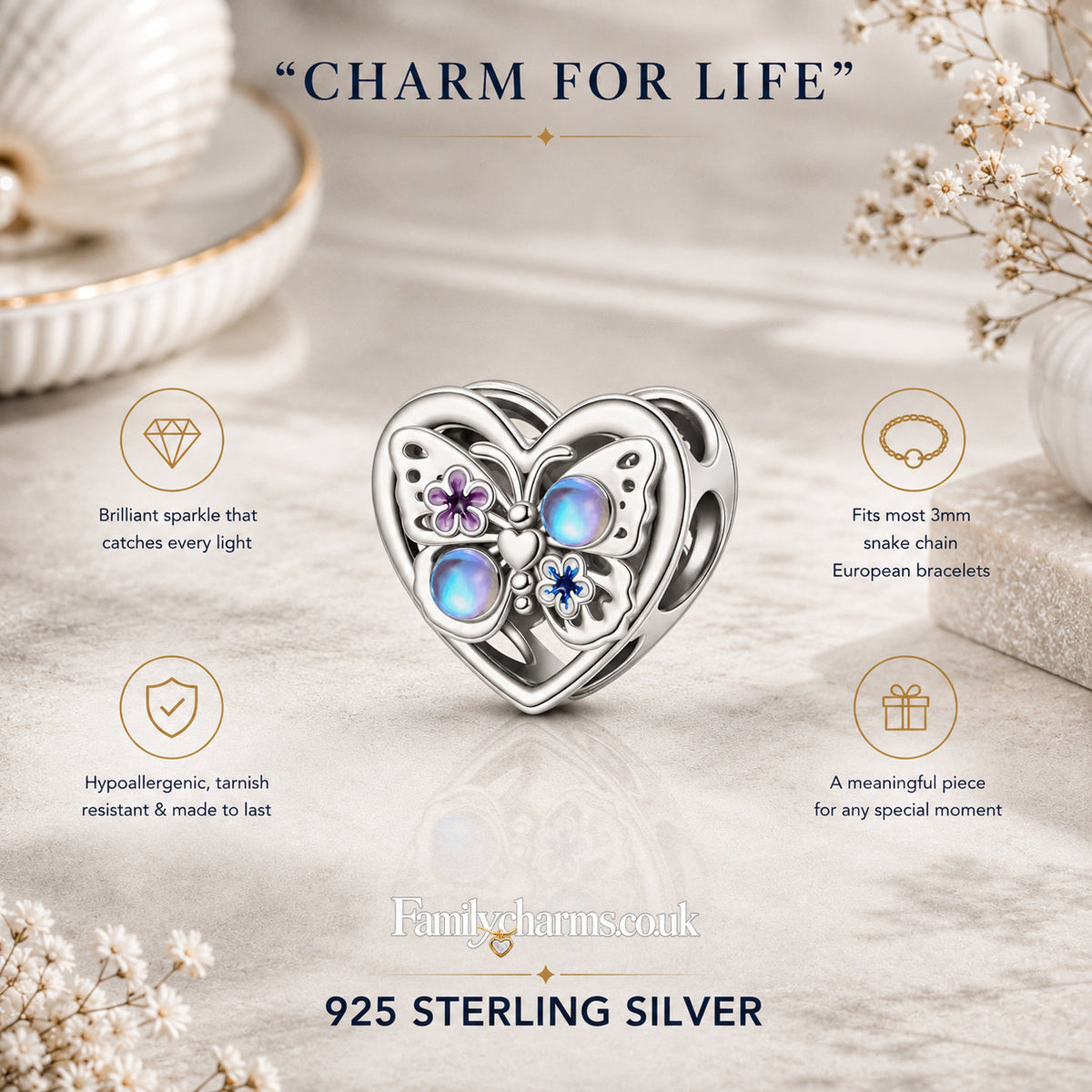 Sparkling Moonstone Butterfly Heart Sterling Silver Charm Hallmarked S925 for Charm Bracelet and Necklace