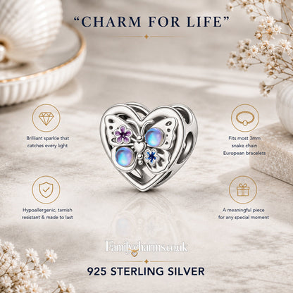 Sparkling Moonstone Butterfly Heart Sterling Silver Charm Hallmarked S925 for Charm Bracelet and Necklace