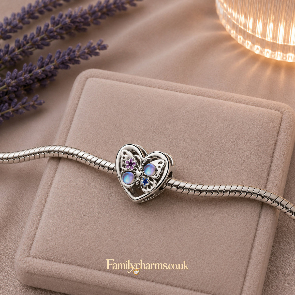 Sparkling Moonstone Butterfly Heart Sterling Silver Charm Hallmarked S925 for Charm Bracelet and Necklace