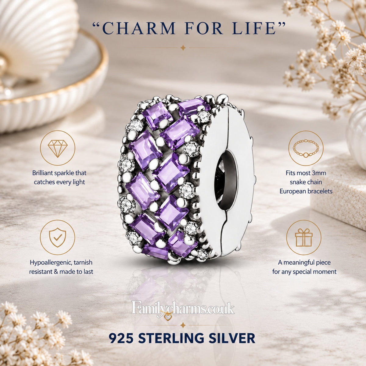 Sparkling Purple Clip Charm Hallmarked S925 for Charm Bracelet and Necklace