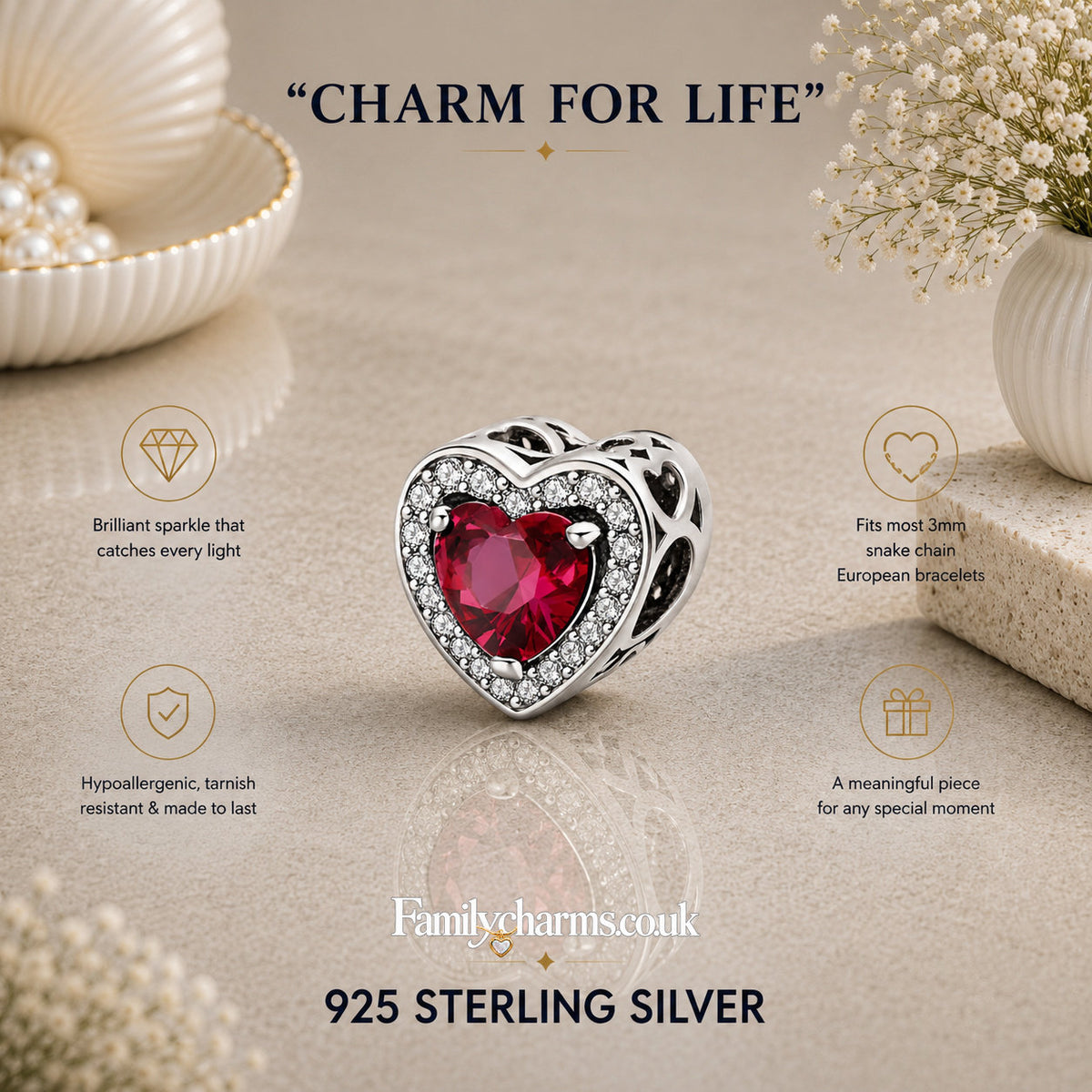 Sparkling Red Heart Bead Charm Hallmarked S925 for Charm Bracelet and Necklace