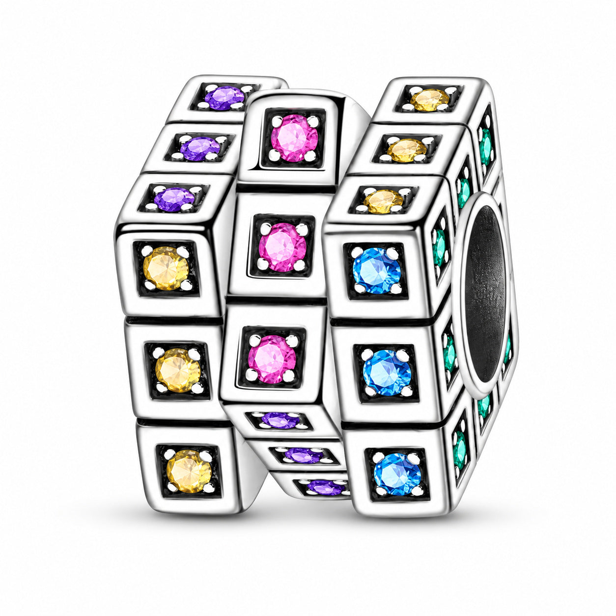 Sparkling Rubik's Cube Bead Sterling Silver Charm Hallmarked S925 for Charm Bracelet and Necklace