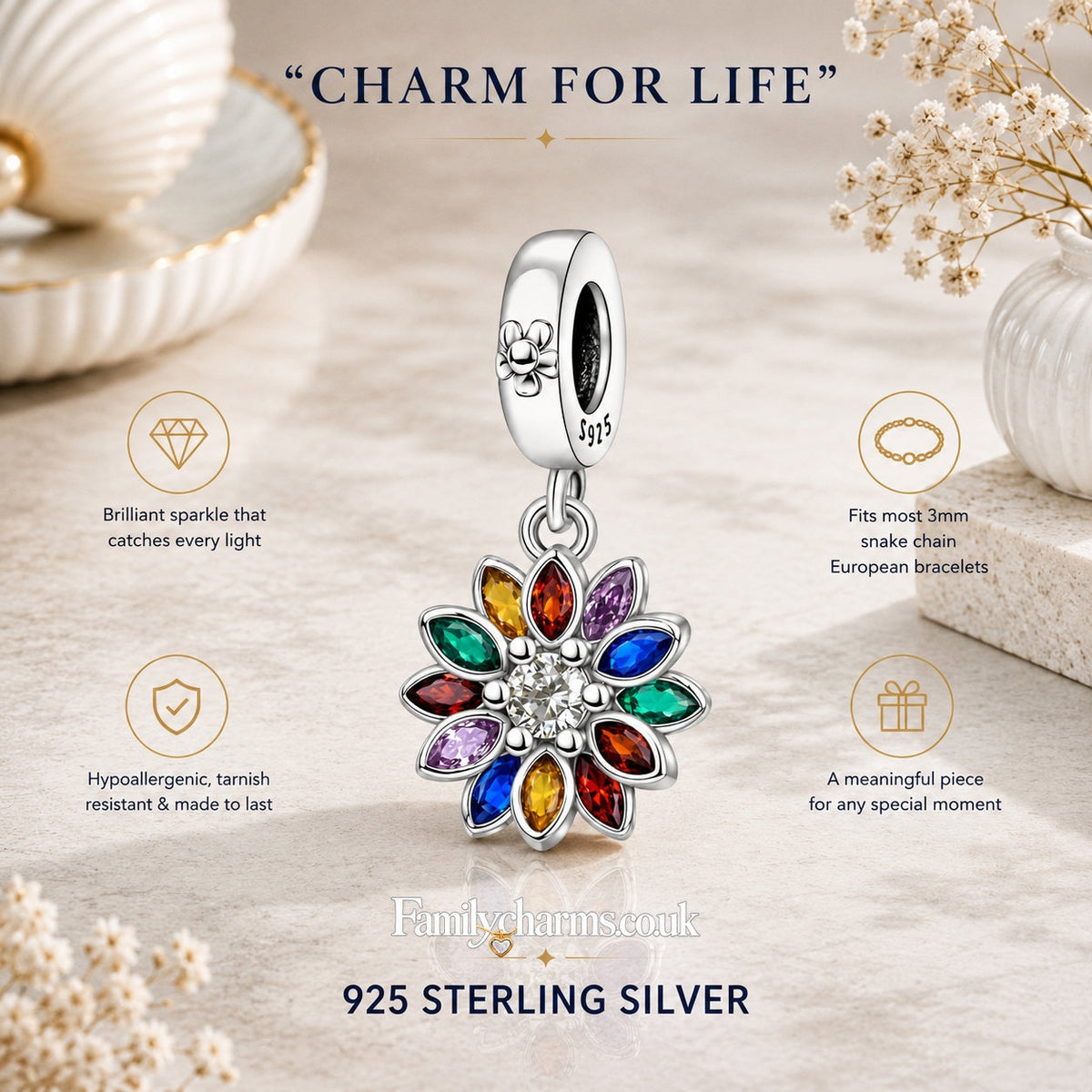 Sparkling Snowflake Pendant Charm Hallmarked S925 for Charm Bracelet and Necklace