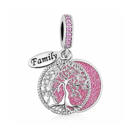Sparkling Tree Of Life Family Charm Pink Charm for Bracelet, S925 Sterling Silver
