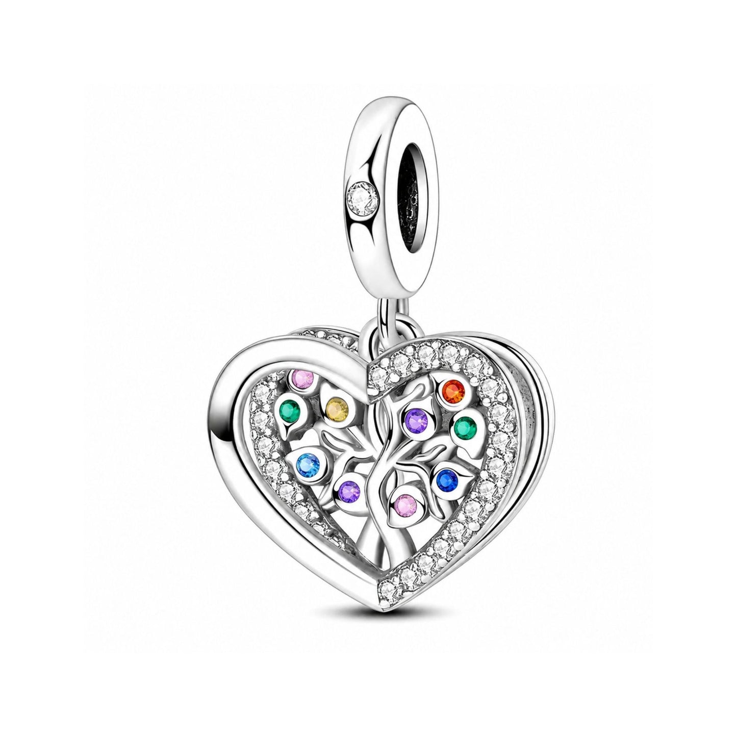 Sparkling Tree of Life Heart Dangle Sterling Silver Charm Hallmarked S925 for Charm Bracelet and Necklace