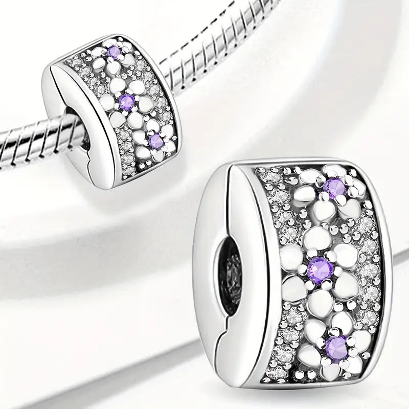 Sparkling Flower Clip Charm Sterling Silver Charm Hallmarked S925 for Charm Bracelet and Necklace