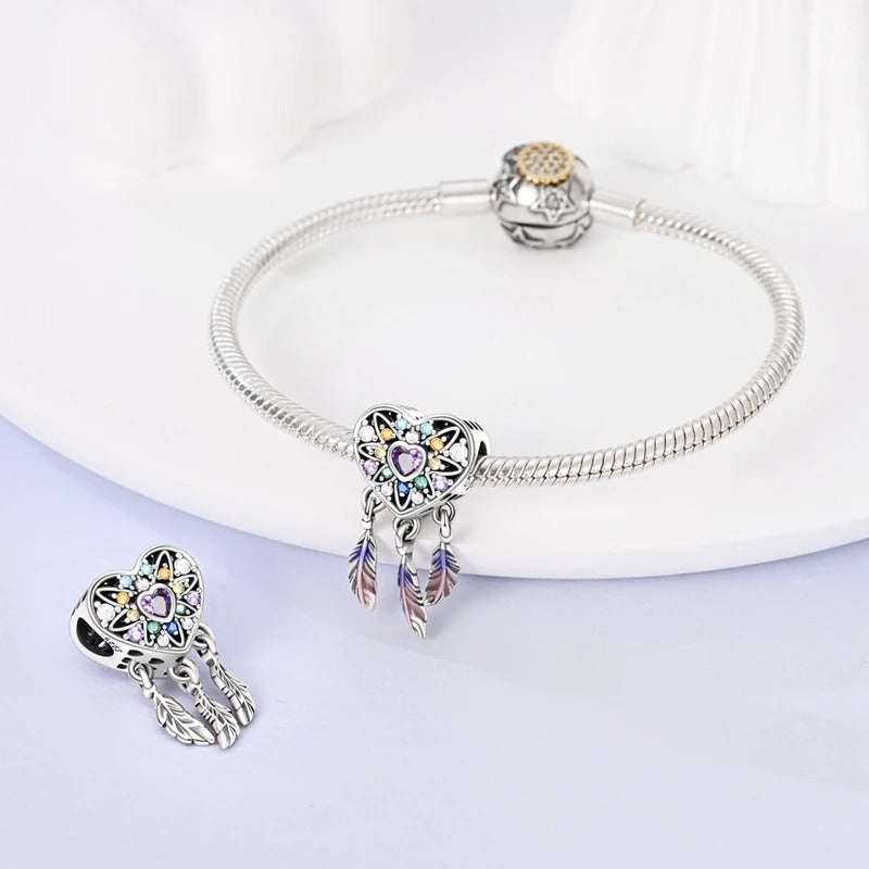 Spiritual Dreamcatcher Heart Charm for Bracelet, S925 Sterling Silver