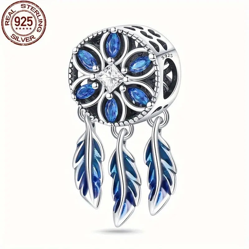 Spiritual Blue Dreamcatcher Bead Sterling Silver Charm Hallmarked S925 for Charm Bracelet and Necklace