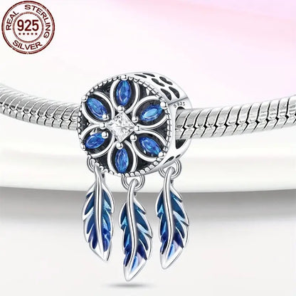 Spiritual Blue Dreamcatcher Bead Sterling Silver Charm Hallmarked S925 for Charm Bracelet and Necklace