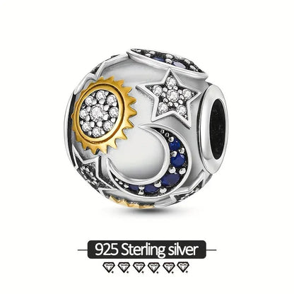Star And Moon Round Bracelet Bead Sterling Silver Charm Hallmarked S925 for Charm Bracelet and Necklace