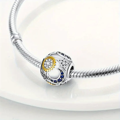 Star And Moon Round Bracelet Bead Sterling Silver Charm Hallmarked S925 for Charm Bracelet and Necklace