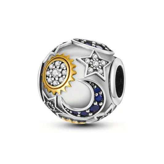 Star And Moon Round Bracelet Bead Sterling Silver Charm Hallmarked S925 for Charm Bracelet and Necklace