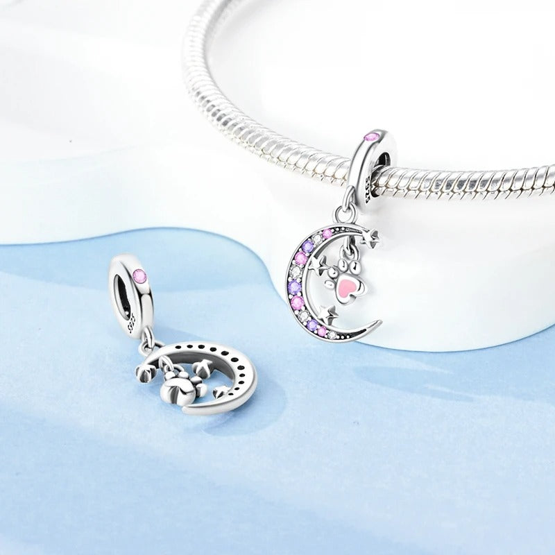 Star Moon Cute Paw Dangle Charm for Bracelet, S925 Sterling Silver