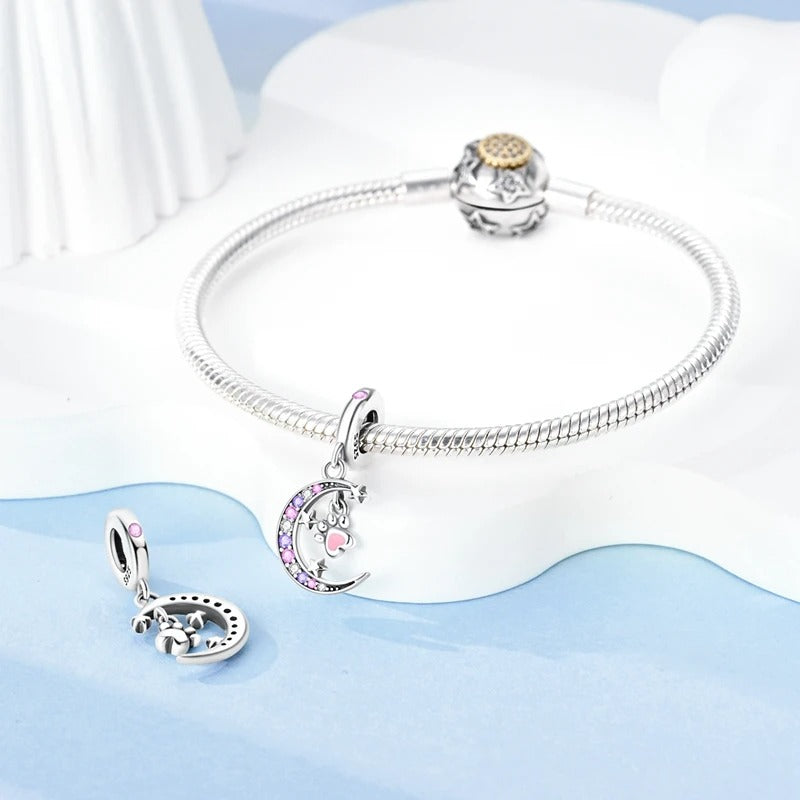 Star Moon Cute Paw Dangle Charm for Bracelet, S925 Sterling Silver
