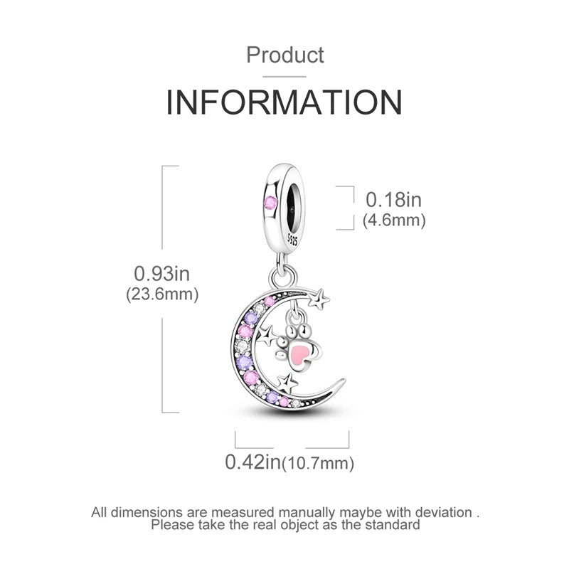 Star Moon Cute Paw Dangle Charm for Bracelet, S925 Sterling Silver