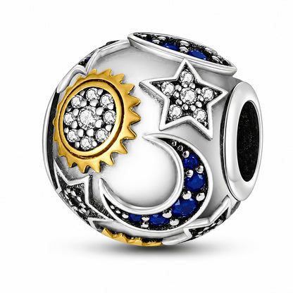 Star And Moon Round Bracelet Bead Sterling Silver Charm Hallmarked S925 for Charm Bracelet and Necklace