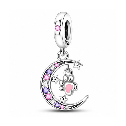 Star Moon Cute Paw Dangle Charm for Bracelet, S925 Sterling Silver
