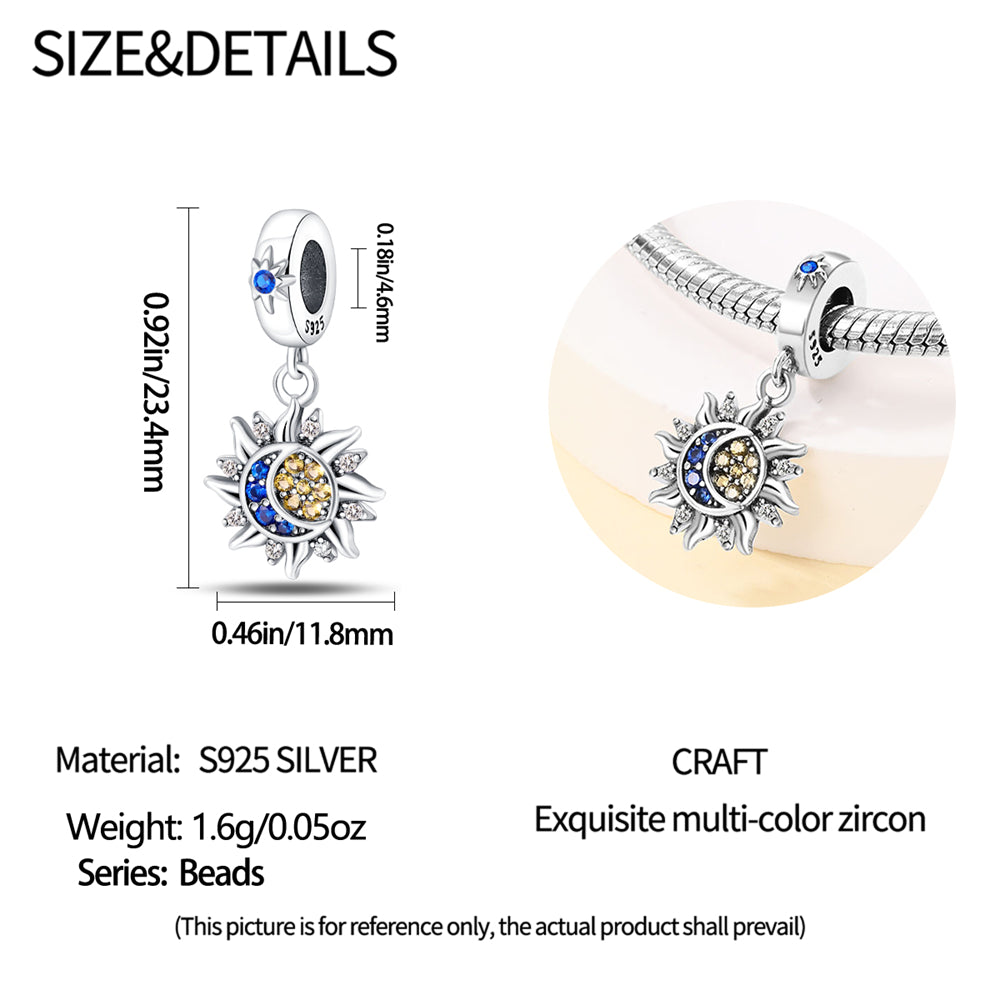 Star, Sun & Moon Pendant Charm for Bracelet, S925 Sterling Silver