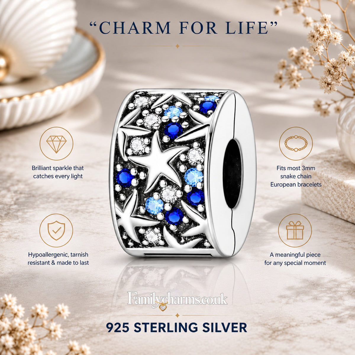 Starry Ocean Breeze Clip Charm Sterling Silver Charm Hallmarked S925 for Charm Bracelet and Necklace
