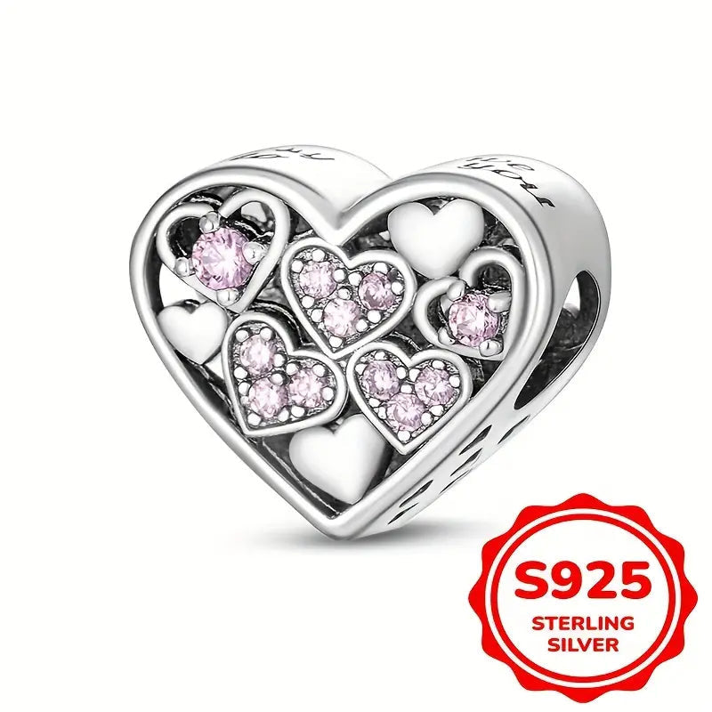 Sterling Silver Pink  Hearts in Heart Bead Sterling Silver Charm Hallmarked S925 for Charm Bracelet and Necklace