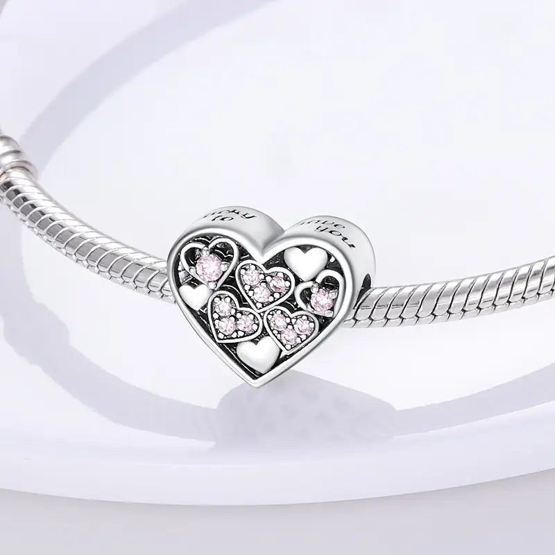 Sterling Silver Pink  Hearts in Heart Bead Sterling Silver Charm Hallmarked S925 for Charm Bracelet and Necklace