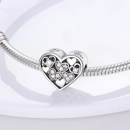 Sterling Silver Pink  Hearts in Heart Bead Sterling Silver Charm Hallmarked S925 for Charm Bracelet and Necklace
