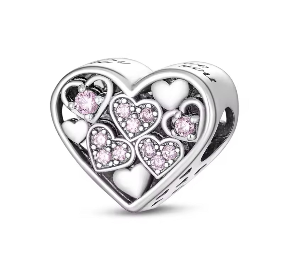 Sterling Silver Pink  Hearts in Heart Bead Sterling Silver Charm Hallmarked S925 for Charm Bracelet and Necklace