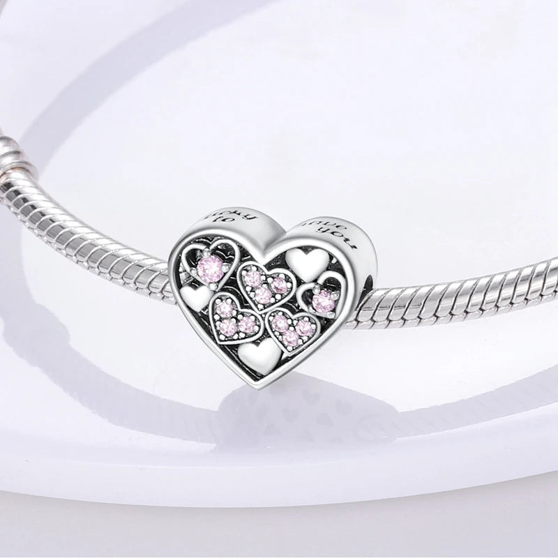 Sterling Silver Pink  Hearts in Heart Bead Sterling Silver Charm Hallmarked S925 for Charm Bracelet and Necklace