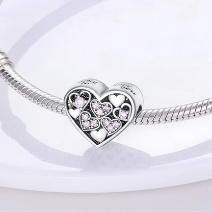 Sterling Silver Pink  Hearts in Heart Bead Sterling Silver Charm Hallmarked S925 for Charm Bracelet and Necklace