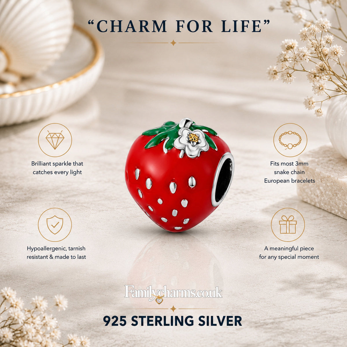 Strawberry Charm Hallmarked S925 for Charm Bracelet and Necklace