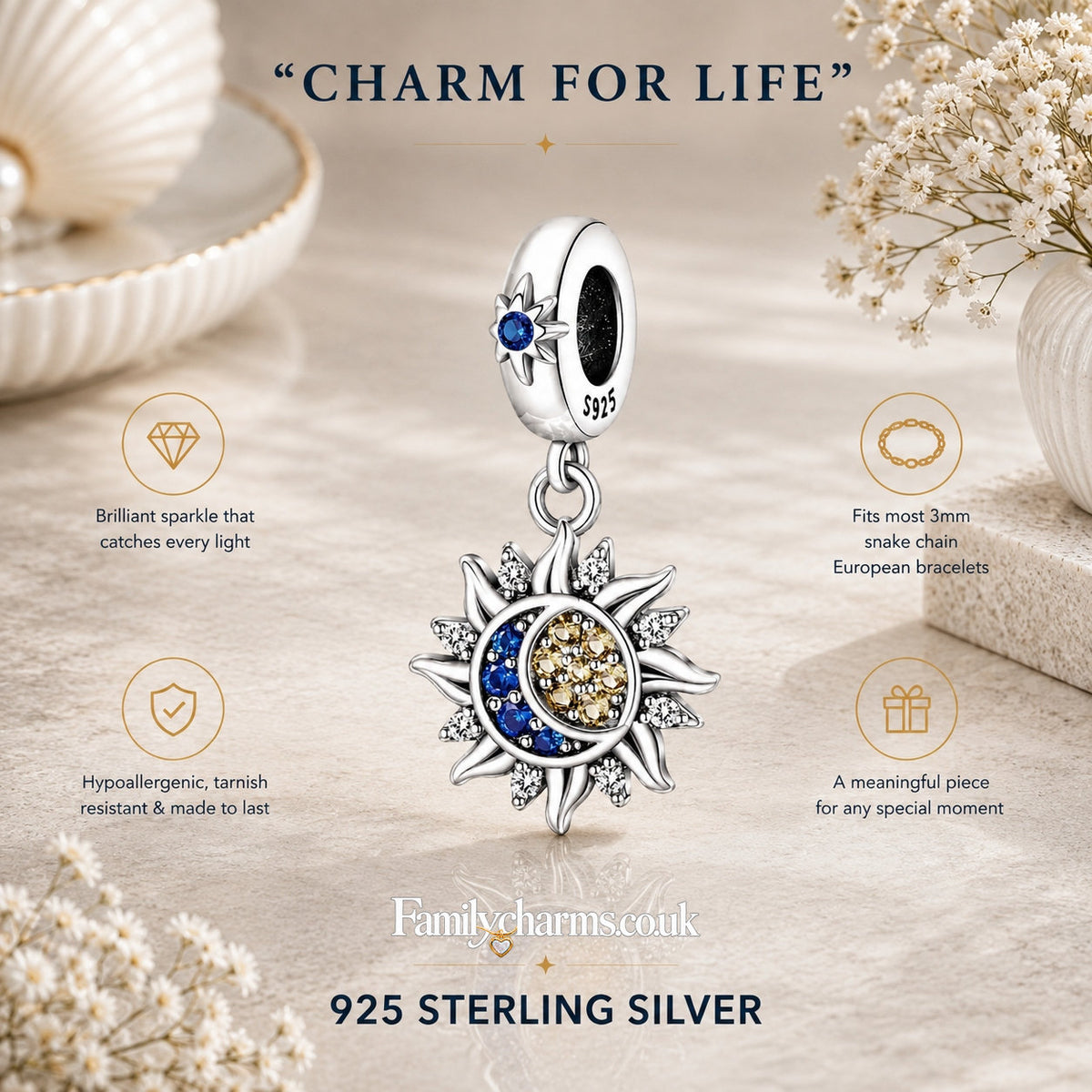 Star, Sun & Moon Pendant Charm for Bracelet, S925 Sterling Silver
