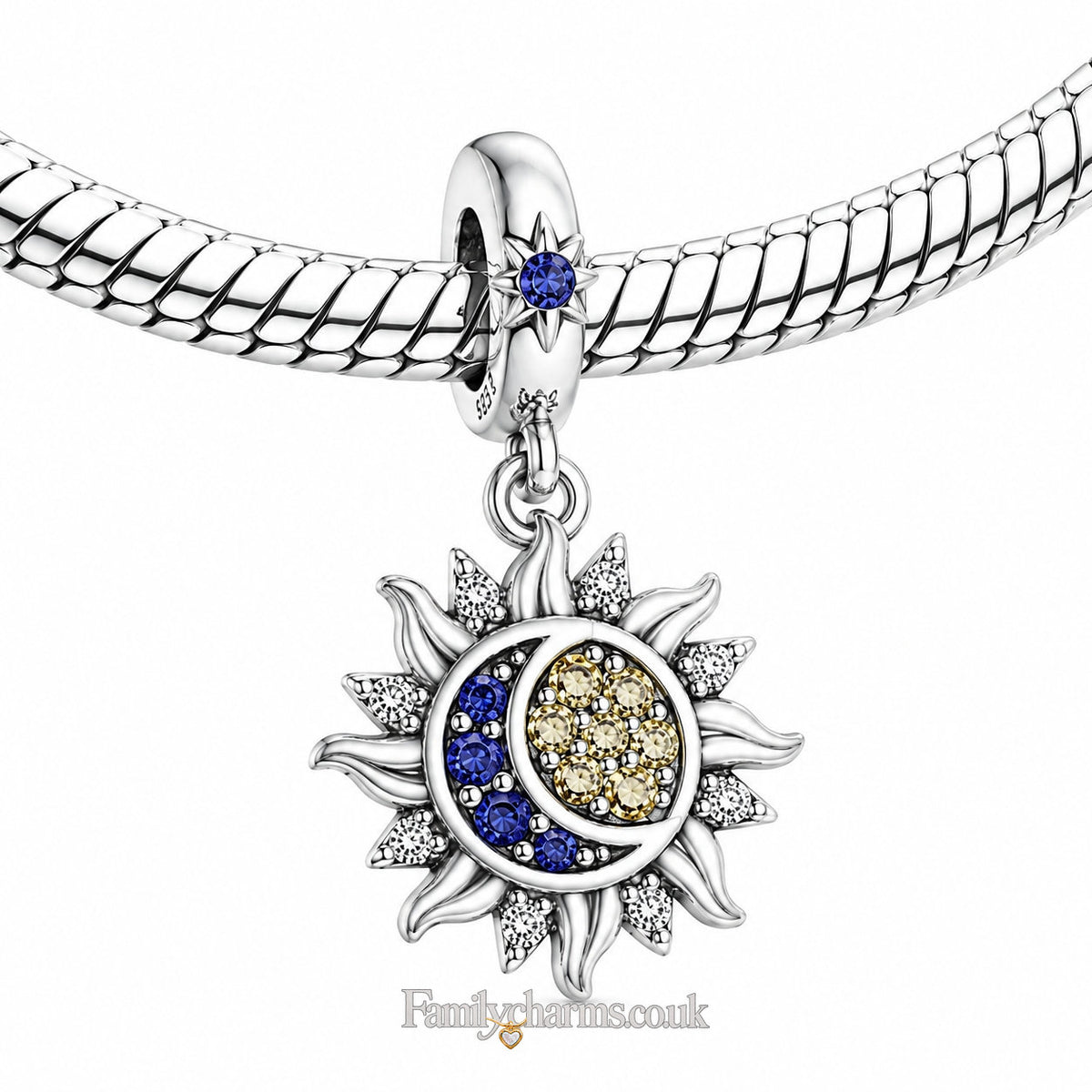 Star, Sun & Moon Pendant Charm for Bracelet, S925 Sterling Silver