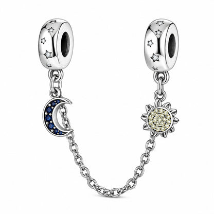 Sun and Moon Safety Chain Sterling Silver Charm Hallmarked S925 for Charm Bracelet and Necklace