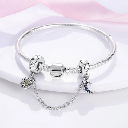 Sun and Moon Safety Chain Sterling Silver Charm Hallmarked S925 for Charm Bracelet and Necklace