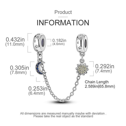 Sun and Moon Safety Chain Sterling Silver Charm Hallmarked S925 for Charm Bracelet and Necklace