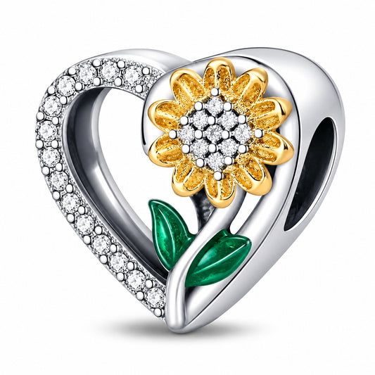 Sunflower Heart Sterling Silver Charm Hallmarked S925 for Charm Bracelet and Necklace